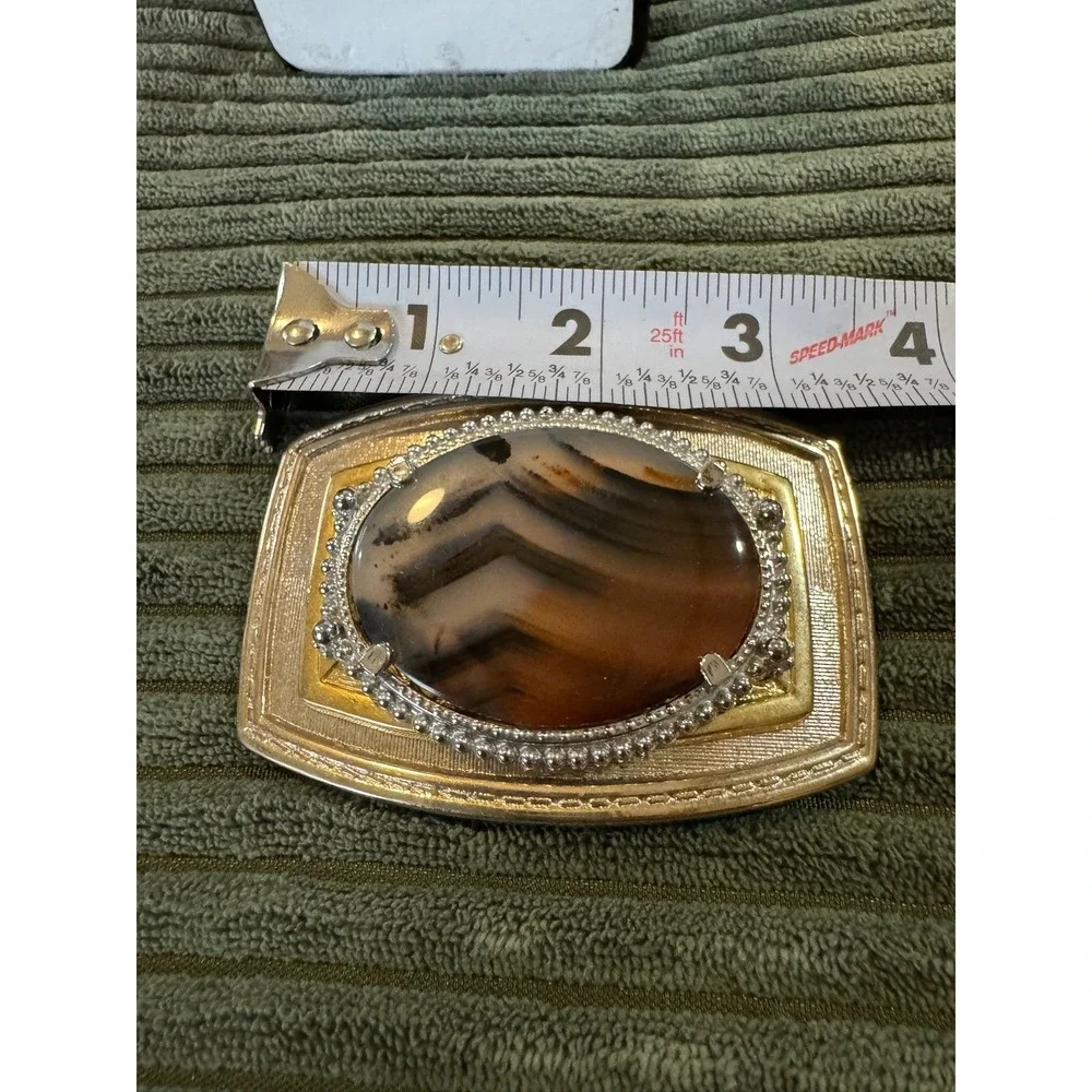 Vintage‎ Agate Stone Belt Buckle Silver Gold Tone Mens Western Accessory